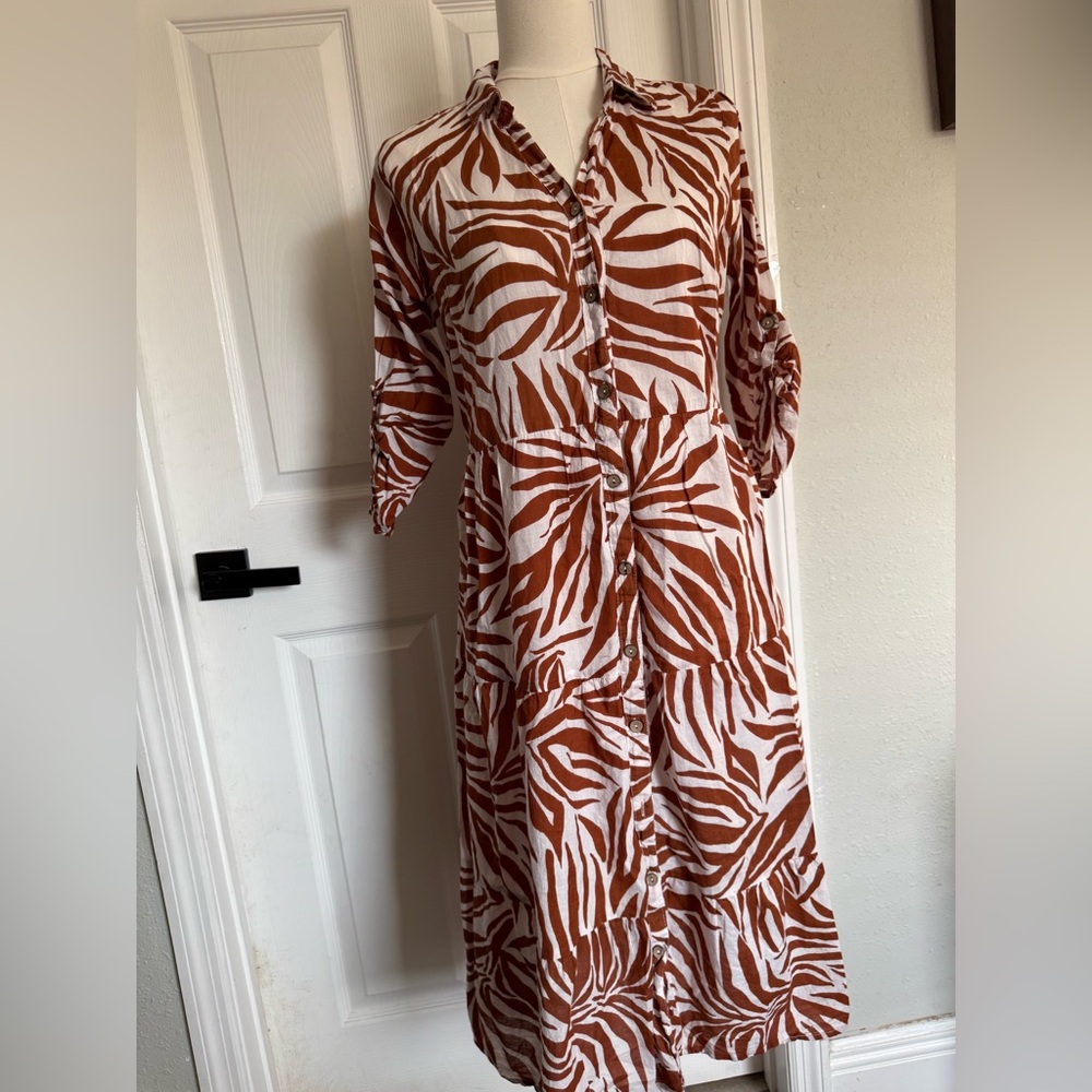 Mlle Gabrielle Rust and White Zebra-Stripe Button Dress